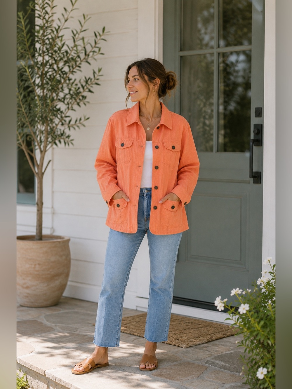 J. Jill 100% Linen Lagenlook Melon Orange Utility Jean Jacket Art-to-Wear Small